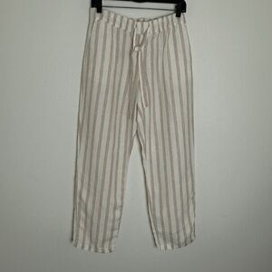 Mango MNG Straight Leg Striped 100% Linen Drawstring Elastic Waist Pants